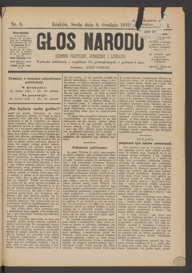 Głos Narodu&nbsp;: dziennik polityczny, społeczny i&nbsp;literacki. Rok&nbsp;1, 1893, numer&nbsp;8
