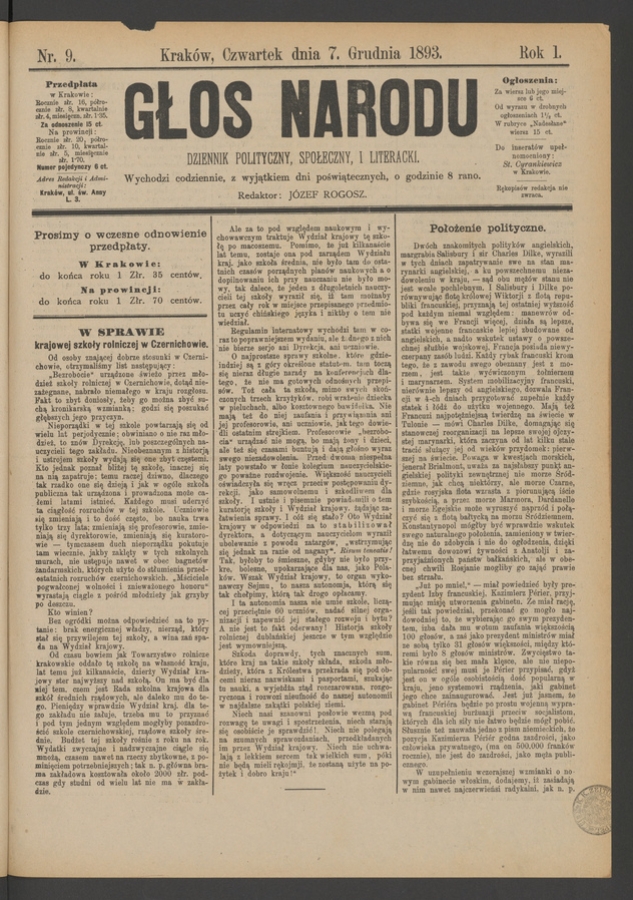 Głos Narodu&nbsp;: dziennik polityczny, społeczny i&nbsp;literacki. Rok&nbsp;1, 1893, numer&nbsp;9