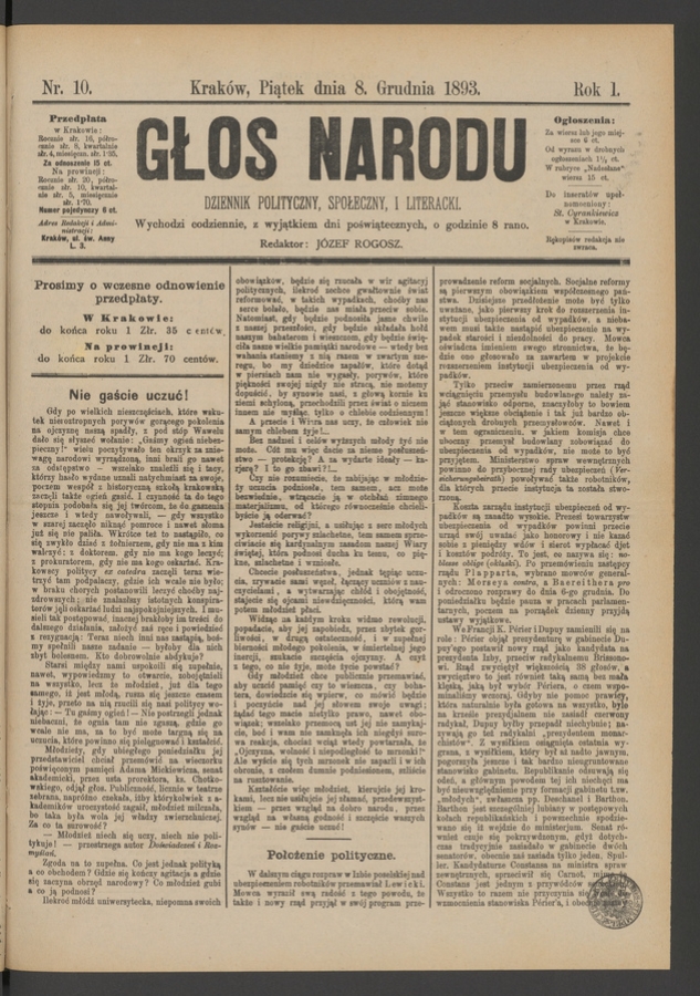 Głos Narodu&nbsp;: dziennik polityczny, społeczny i&nbsp;literacki. Rok&nbsp;1, 1893, numer&nbsp;10