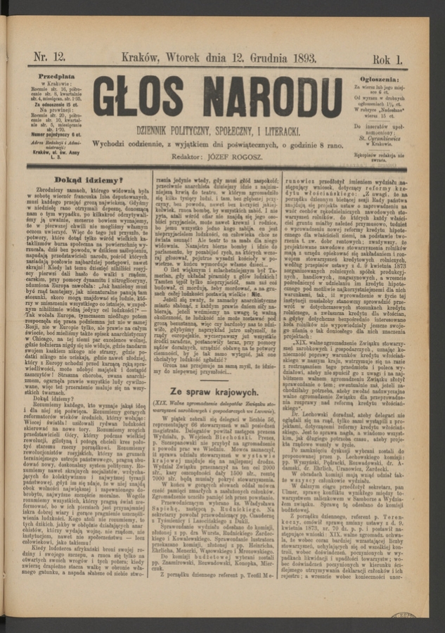 Głos Narodu&nbsp;: dziennik polityczny, społeczny i&nbsp;literacki. Rok&nbsp;1, 1893, numer&nbsp;12