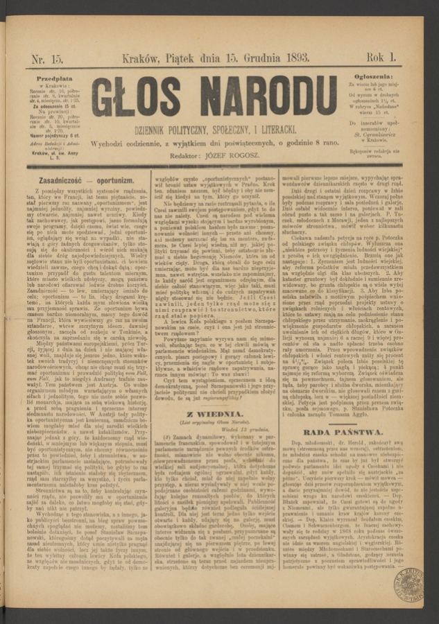 Głos Narodu&nbsp;: dziennik polityczny, społeczny i&nbsp;literacki. Rok&nbsp;1, 1893, numer&nbsp;15