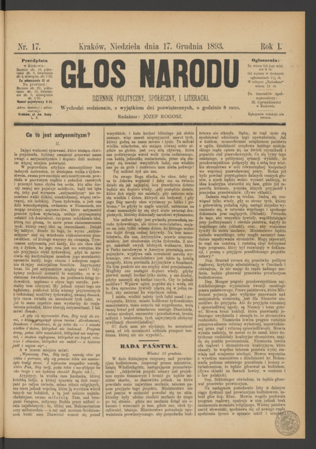 Głos Narodu&nbsp;: dziennik polityczny, społeczny i&nbsp;literacki. Rok&nbsp;1, 1893, numer&nbsp;17