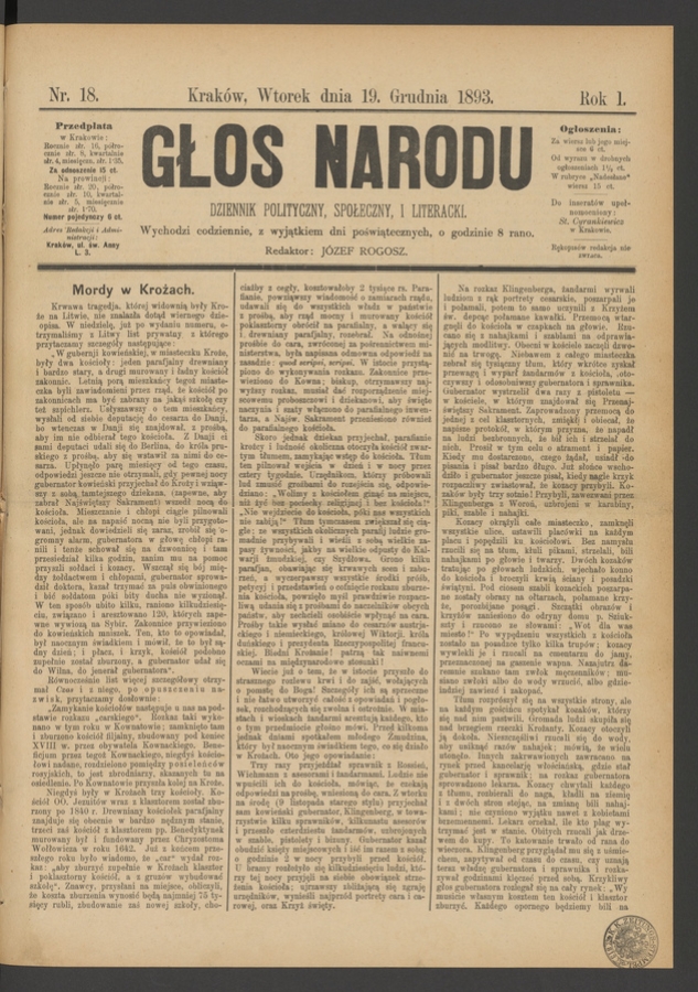 Głos Narodu&nbsp;: dziennik polityczny, społeczny i&nbsp;literacki. Rok&nbsp;1, 1893, numer&nbsp;18