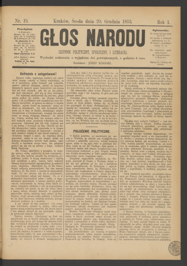 Głos Narodu&nbsp;: dziennik polityczny, społeczny i&nbsp;literacki. Rok&nbsp;1, 1893, numer&nbsp;19