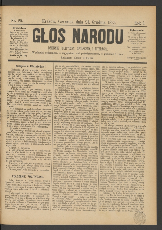 Głos Narodu&nbsp;: dziennik polityczny, społeczny i&nbsp;literacki. Rok&nbsp;1, 1893, numer&nbsp;20