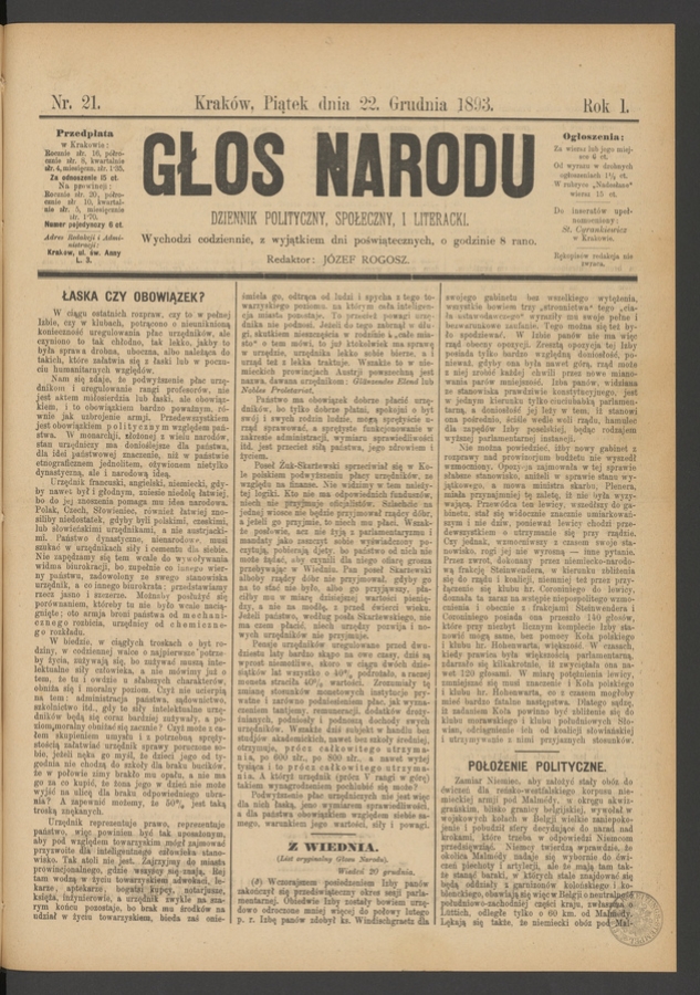 Głos Narodu&nbsp;: dziennik polityczny, społeczny i&nbsp;literacki. Rok&nbsp;1, 1893, numer&nbsp;21