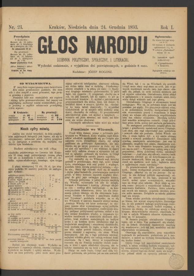 Głos Narodu&nbsp;: dziennik polityczny, społeczny i&nbsp;literacki. Rok&nbsp;1, 1893, numer&nbsp;23