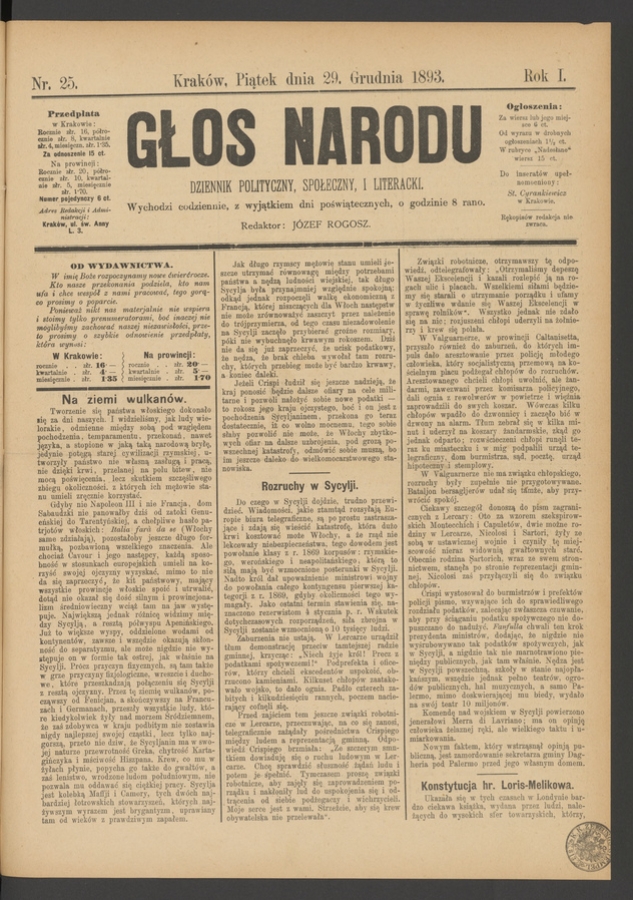 Głos Narodu&nbsp;: dziennik polityczny, społeczny i&nbsp;literacki. Rok&nbsp;1, 1893, numer&nbsp;25