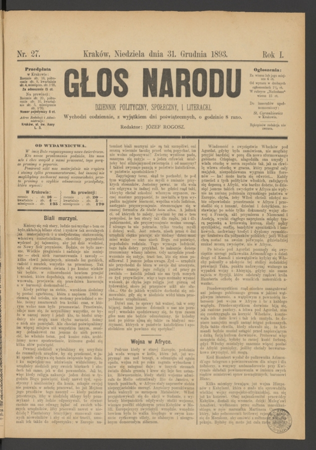 Głos Narodu&nbsp;: dziennik polityczny, społeczny i&nbsp;literacki. Rok&nbsp;1, 1893, numer&nbsp;27