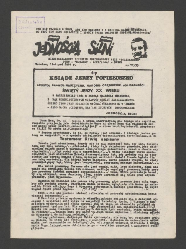 Jednością Silni&nbsp;: międzyzakładowy biuletyn informacyjny NSZZ &bdquo;Solidarność&rdquo; PTHW-Wrozamet-ZPUT (Inco)-ZREMB. 1984, numer&nbsp;11&nbsp;(33)