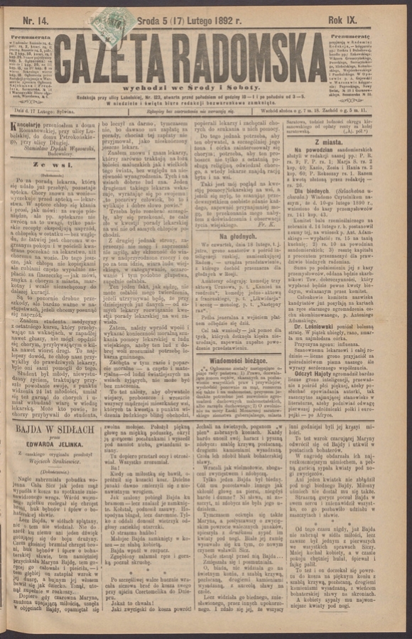 Gazeta Radomska. Rok&nbsp;9, 1892, numer&nbsp;14