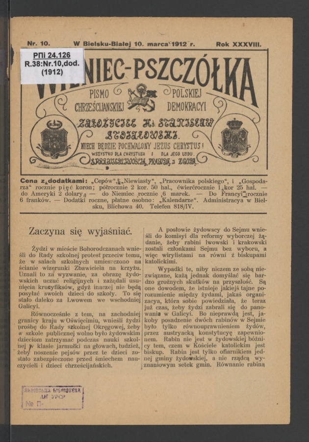 Wieniec-Pszcz&oacute;łka&nbsp;: pismo polskiej chrześcijańskiej demokracyi. Rok&nbsp;38, 1912, numer&nbsp;10