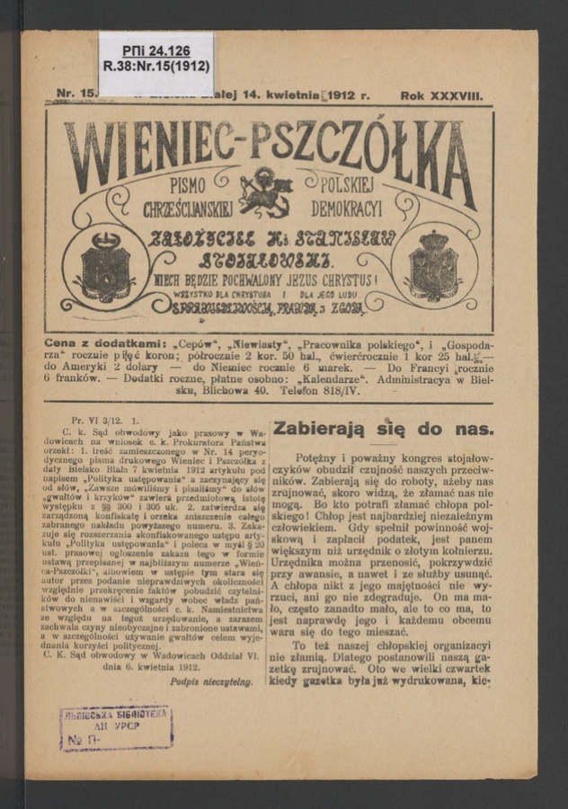Wieniec-Pszcz&oacute;łka&nbsp;: pismo polskiej chrześcijańskiej demokracyi. Rok&nbsp;38, 1912, numer&nbsp;15