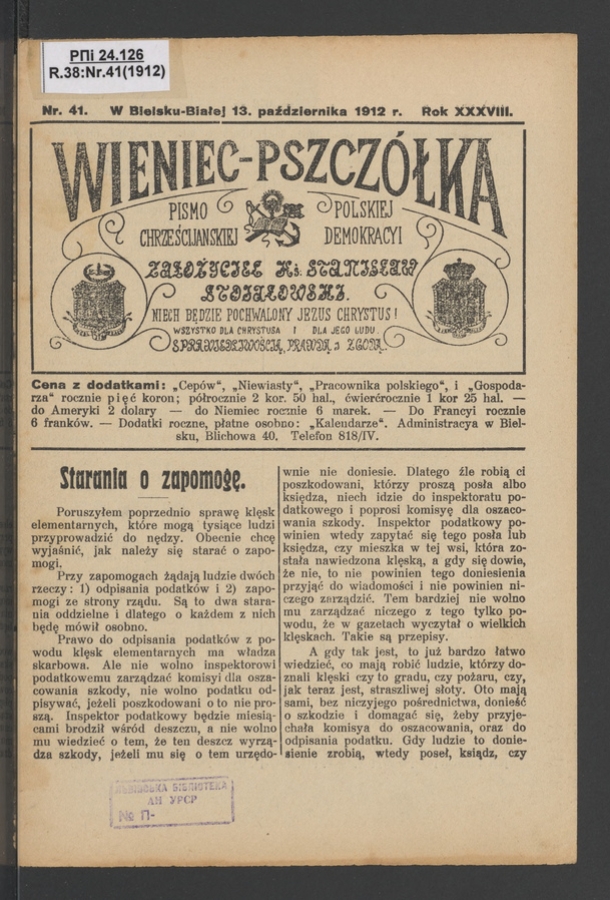 Wieniec-Pszcz&oacute;łka&nbsp;: pismo polskiej chrześcijańskiej demokracyi. Rok&nbsp;38, 1912, numer&nbsp;41