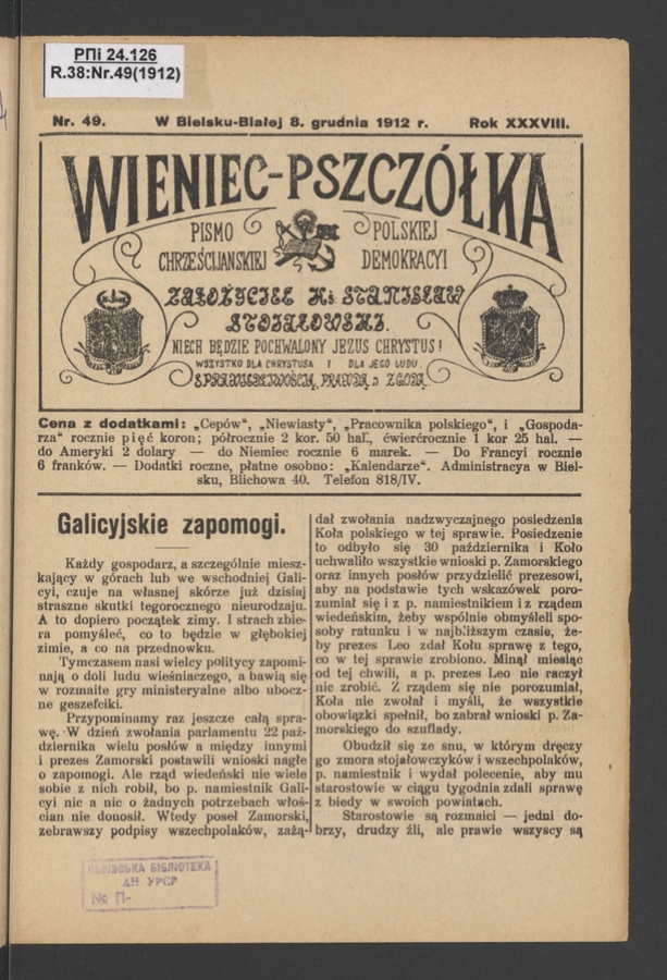 Wieniec-Pszcz&oacute;łka&nbsp;: pismo polskiej chrześcijańskiej demokracyi. Rok&nbsp;38, 1912, numer&nbsp;49