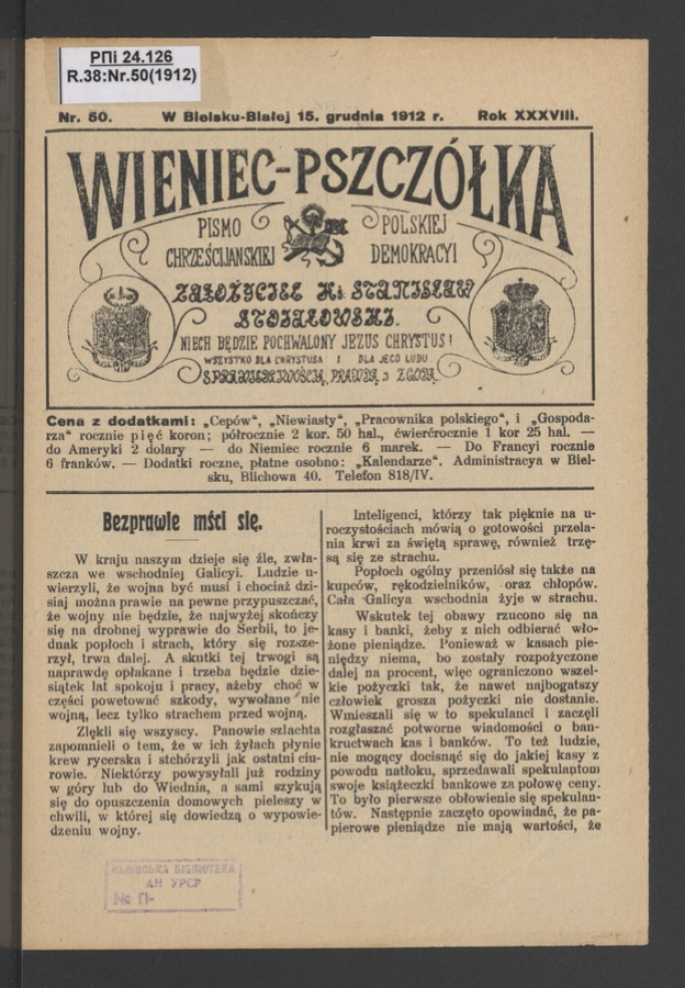 Wieniec-Pszcz&oacute;łka&nbsp;: pismo polskiej chrześcijańskiej demokracyi. Rok&nbsp;38, 1912, numer&nbsp;50