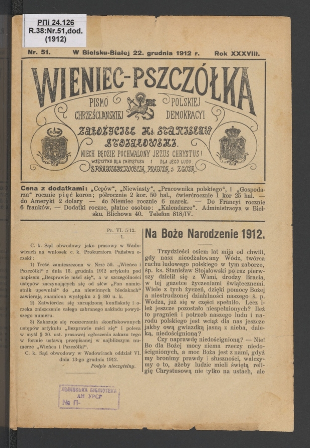 Wieniec-Pszcz&oacute;łka&nbsp;: pismo polskiej chrześcijańskiej demokracyi. Rok&nbsp;38, 1912, numer&nbsp;51