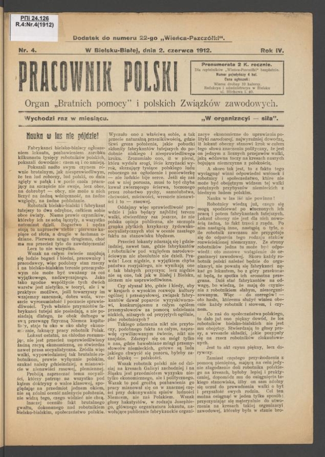 Pracownik Polski&nbsp;: organ &bdquo;bratnich pomocy&rdquo; i&nbsp;polskich związk&oacute;w zawodowych. Rok&nbsp;4, 1912, numer&nbsp;4