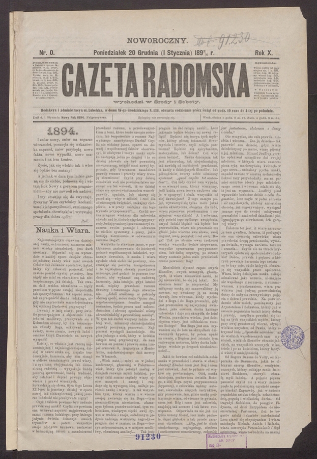 Gazeta Radomska. Rok&nbsp;11, 1894, numer&nbsp;0 (noworoczny)