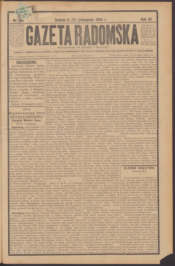 Gazeta Radomska. Rok&nbsp;11, 1894, numer&nbsp;93