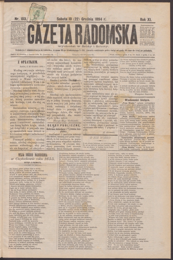 Gazeta Radomska. Rok&nbsp;11, 1894, numer&nbsp;103