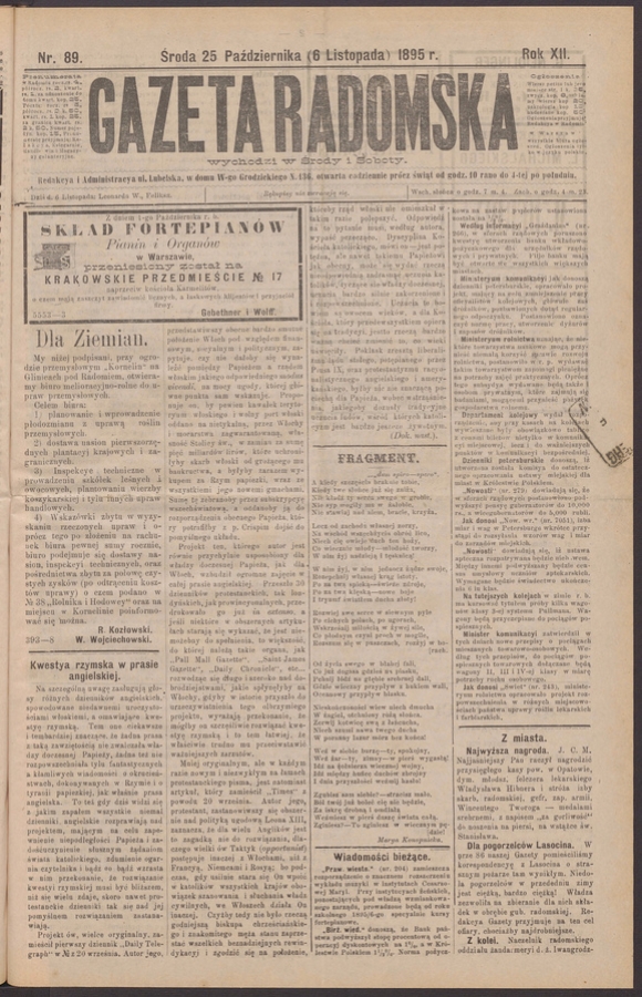 Gazeta Radomska. Rok&nbsp;12, 1895, numer&nbsp;89