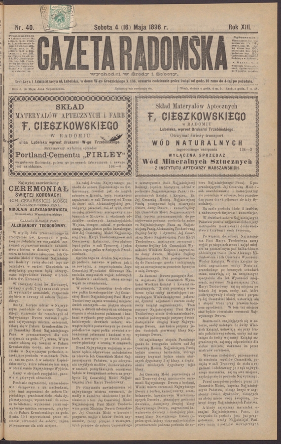 Gazeta Radomska. Rok&nbsp;13, 1896, numer&nbsp;40