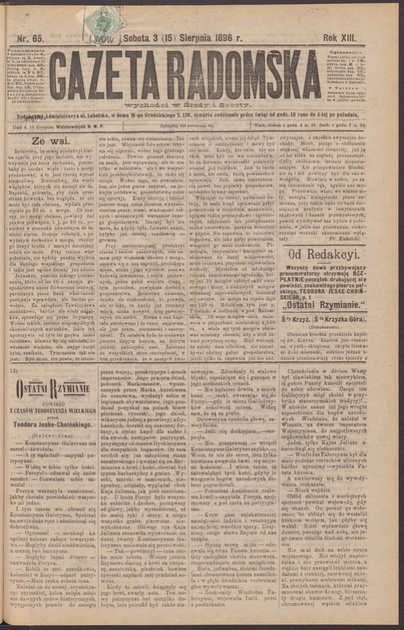 Gazeta Radomska. Rok&nbsp;13, 1896, numer&nbsp;65