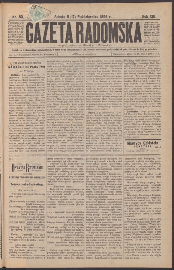 Gazeta Radomska. Rok&nbsp;13, 1896, numer&nbsp;83
