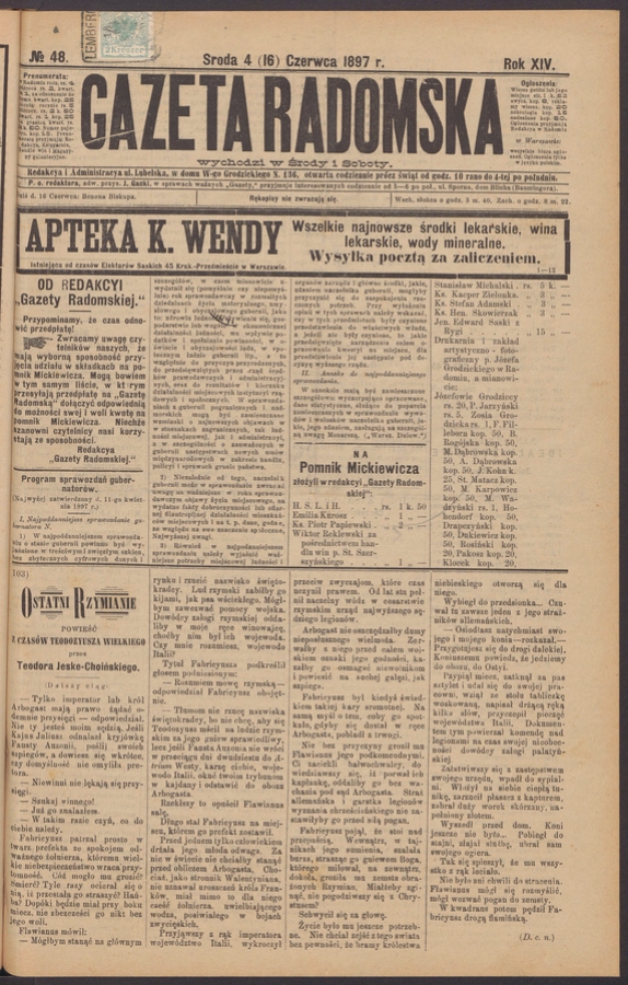 Gazeta Radomska. Rok&nbsp;14, 1897, numero&nbsp;48