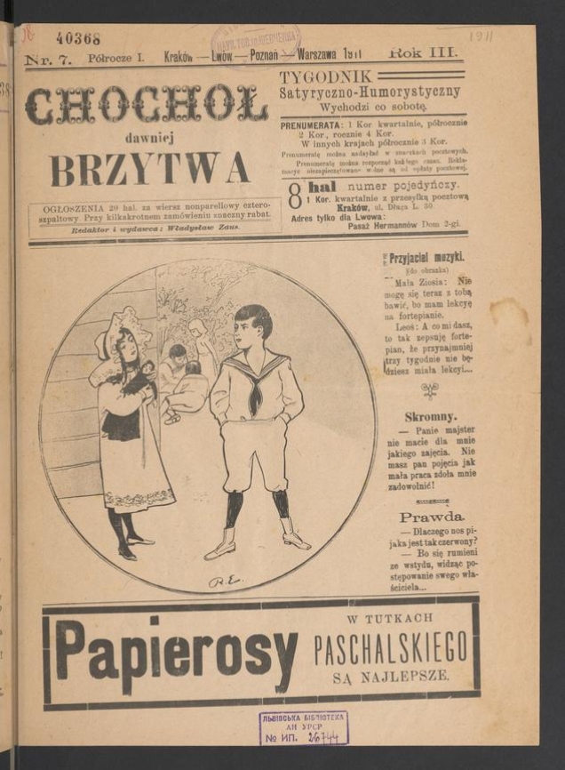 Chochoł dawniej Brzytwa&nbsp;: tygodnik satyryczno-humorystyczny. Rok&nbsp;3, 1911, numer&nbsp;7