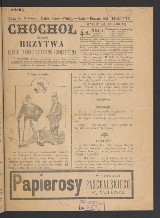 Chochoł dawniej Brzytwa&nbsp;: ilustrowany tygodnik satyryczno-humorystyczny. Rok&nbsp;3, 1911, numer&nbsp;9