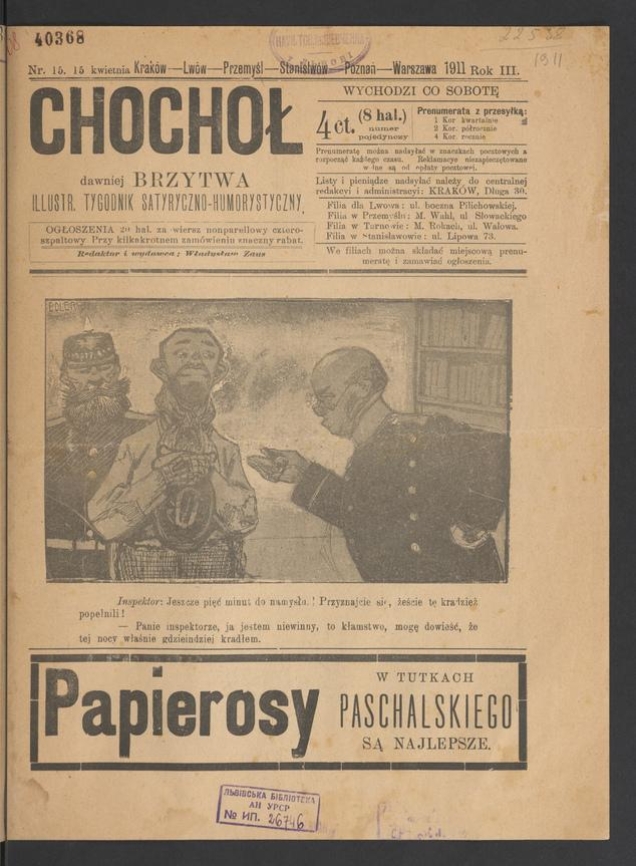 Chochoł dawniej Brzytwa&nbsp;: ilustrowany tygodnik satyryczno-humorystyczny. Rok&nbsp;3, 1911, numer&nbsp;15