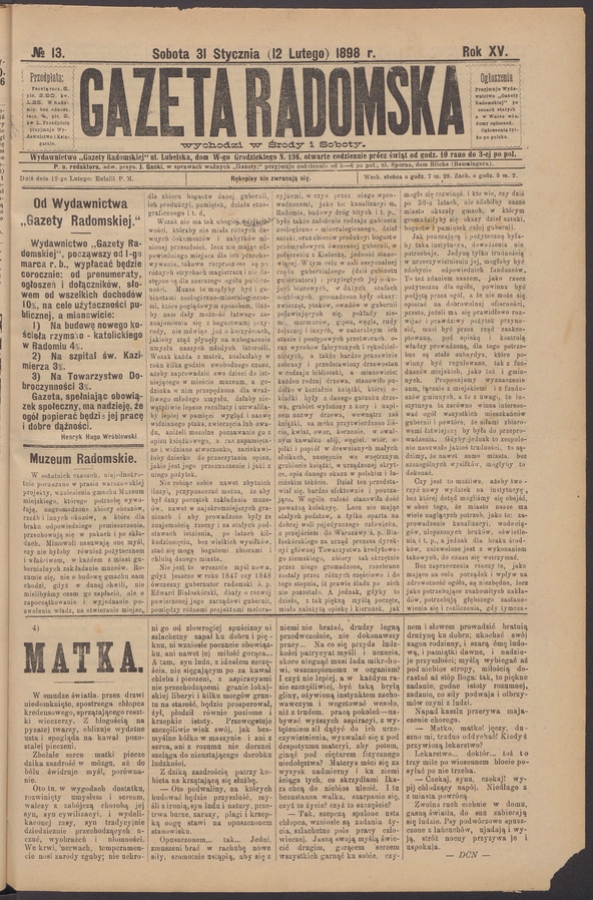 Gazeta Radomska. Rok&nbsp;15, 1898, numero&nbsp;13