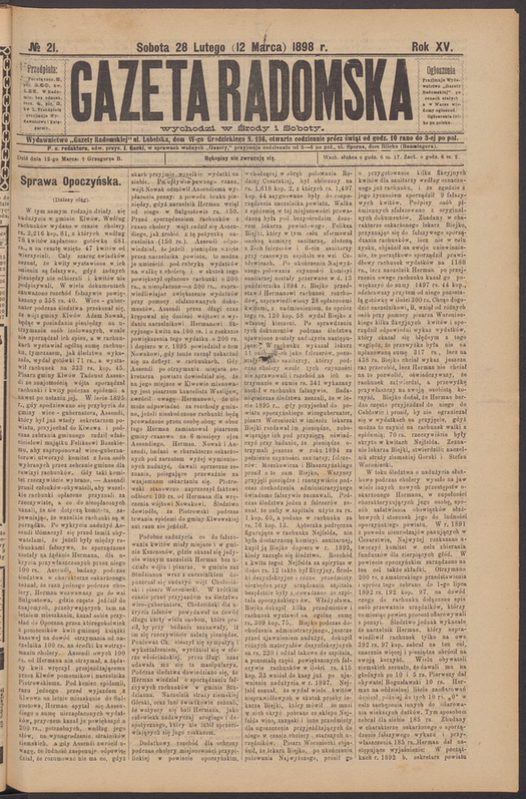 Gazeta Radomska. Rok&nbsp;15, 1898, numero&nbsp;21