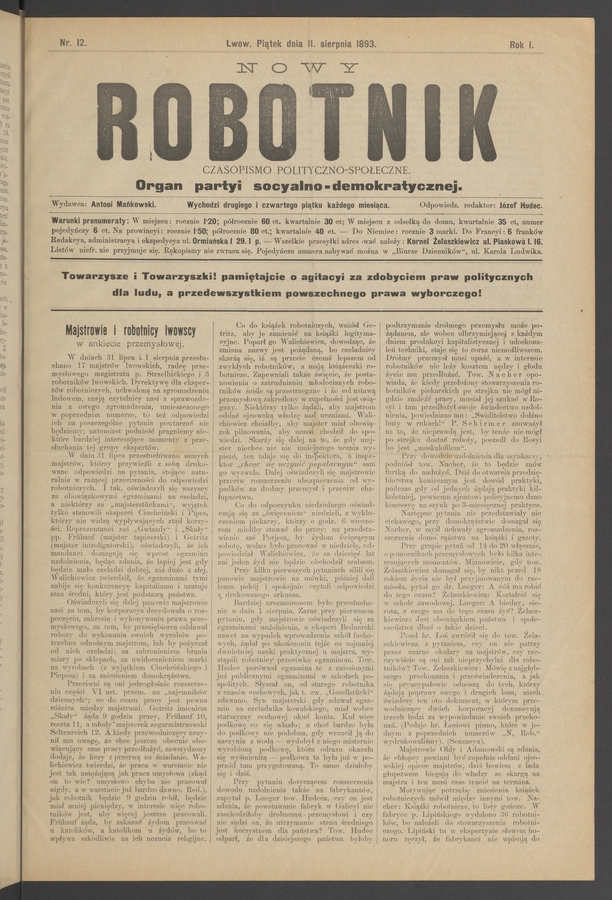 Nowy Robotnik : czasopismo polityczno-społeczne : organ partyi socyalno-demokratycznej. Rok 1, 1893, numer 12
