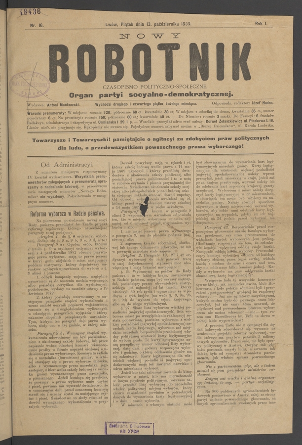 Nowy Robotnik : czasopismo polityczno-społeczne : organ partyi socyalno-demokratycznej. Rok 1, 1893, numer 16