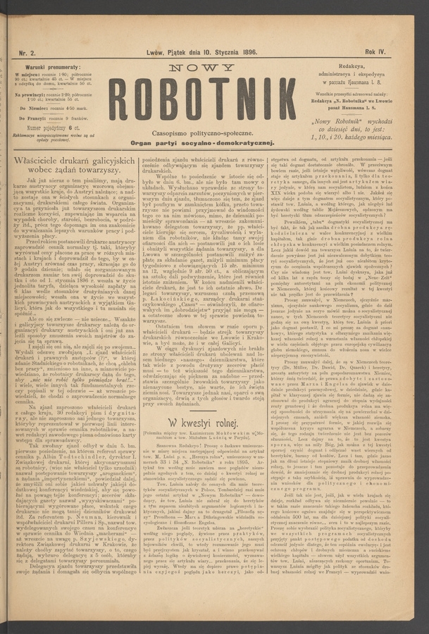 Nowy Robotnik : czasopismo polityczno-społeczne : organ partyi socyalno-demokratycznej. Rok 4, 1896, numer 2