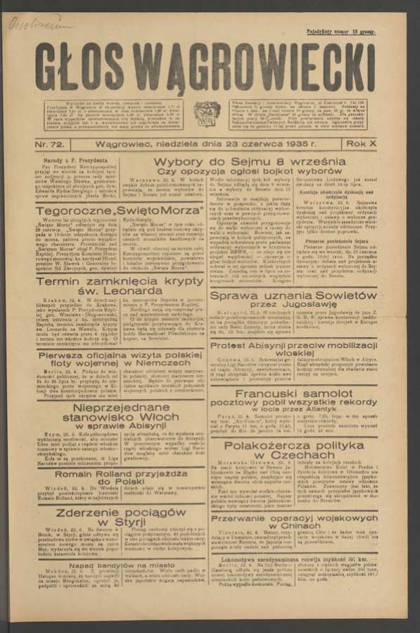 Głos Wągrowiecki. Rok&nbsp;10, 1935, numer&nbsp;72