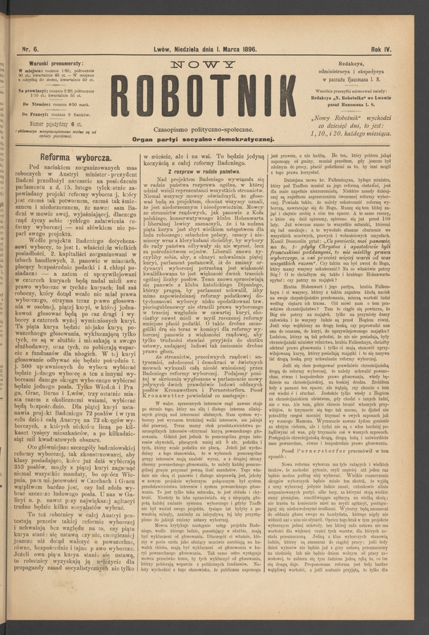 Nowy Robotnik : czasopismo polityczno-społeczne : organ partyi socyalno-demokratycznej. Rok 4, 1896, numer 6