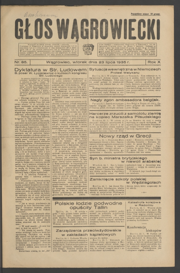 Głos Wągrowiecki. Rok&nbsp;10, 1935, numer&nbsp;85