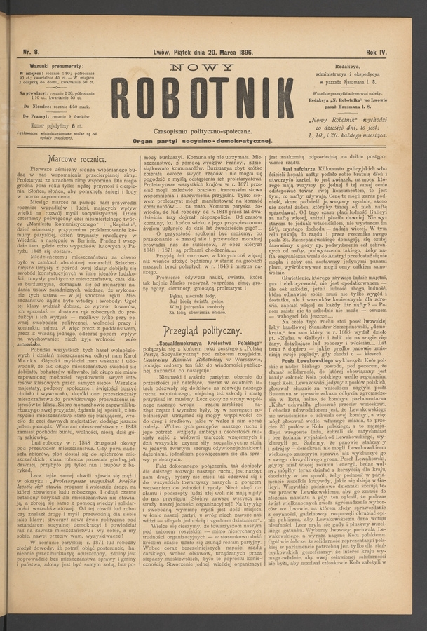 Nowy Robotnik : czasopismo polityczno-społeczne : organ partyi socyalno-demokratycznej. Rok 4, 1896, numer 8