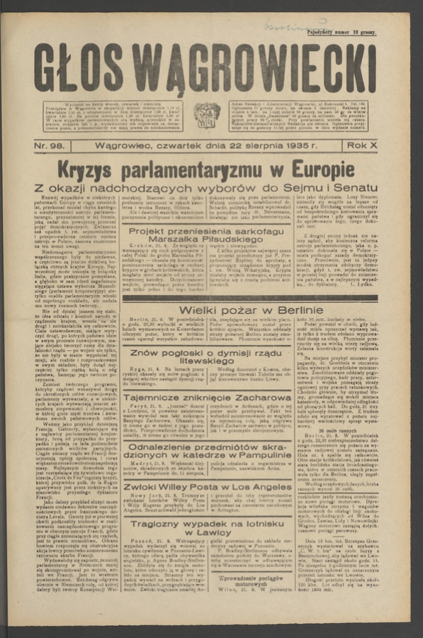 Głos Wągrowiecki. Rok&nbsp;10, 1935, numer&nbsp;98