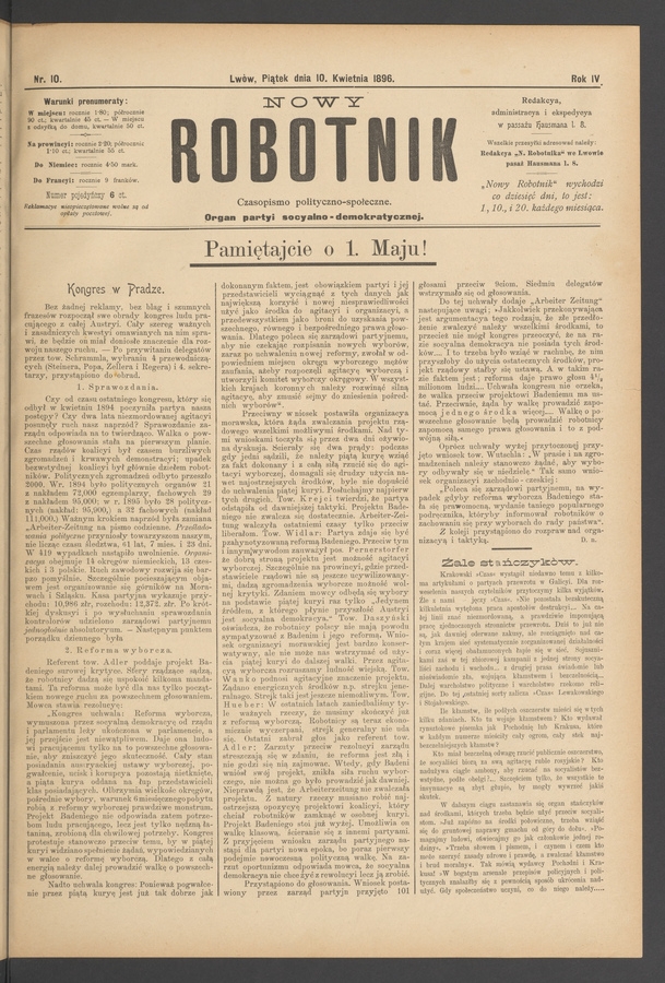 Nowy Robotnik : czasopismo polityczno-społeczne : organ partyi socyalno-demokratycznej. Rok 4, 1896, numer 10