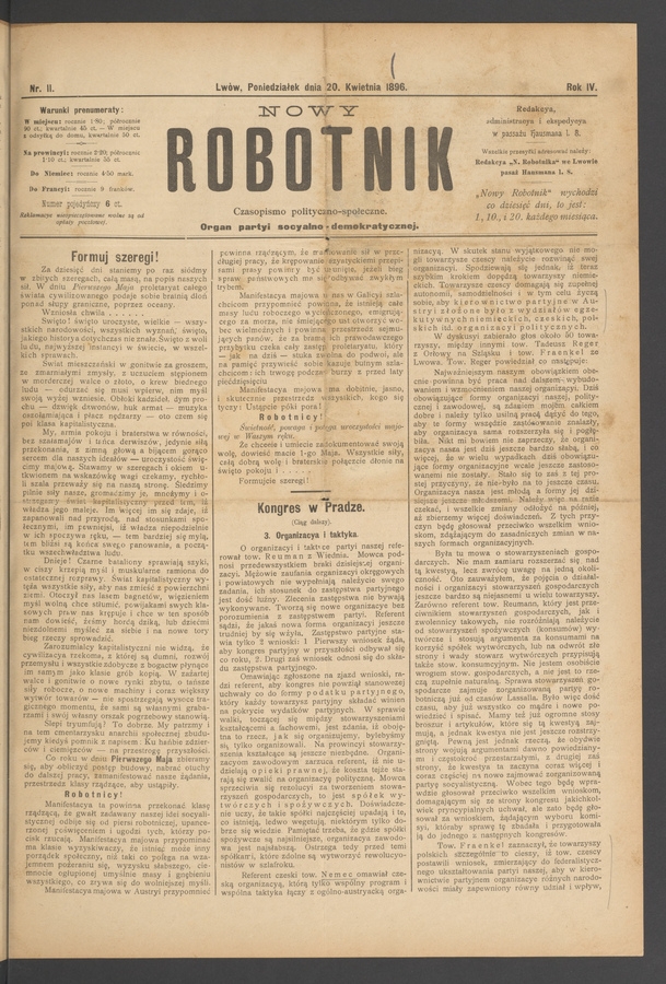 Nowy Robotnik : czasopismo polityczno-społeczne : organ partyi socyalno-demokratycznej. Rok 4, 1896, numer 11