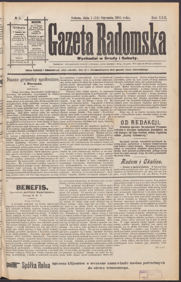 Gazeta Radomska. Rok&nbsp;22, 1905, numero&nbsp;5
