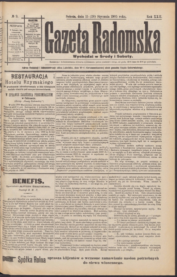 Gazeta Radomska. Rok&nbsp;22, 1905, numero&nbsp;9