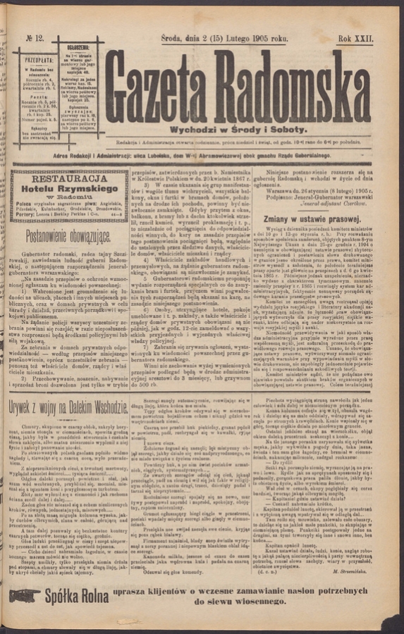 Gazeta Radomska. Rok&nbsp;22, 1905, numero&nbsp;12
