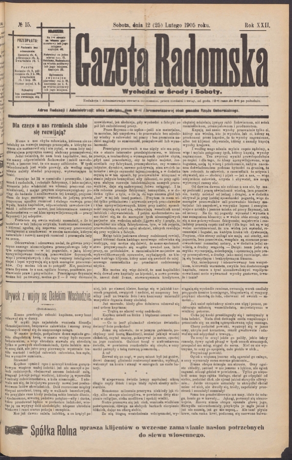Gazeta Radomska. Rok&nbsp;22, 1905, numero&nbsp;15