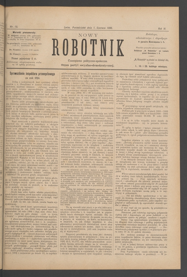 Nowy Robotnik : czasopismo polityczno-społeczne : organ partyi socyalno-demokratycznej. Rok 4, 1896, numer 15